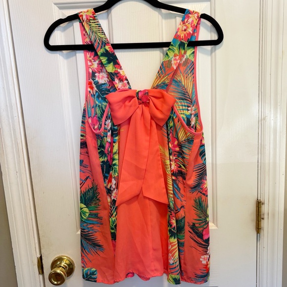 ♥️💖 Vintage Candie’s Tropical Floral Tank Blouse w/ Bow Neon Coral Size L - Picture 2 of 5